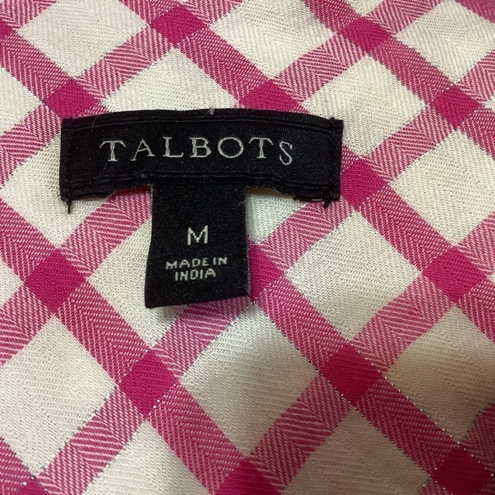 Talbots Pink White Gingham Checkered Metallic Button Up Top Shirt M Cotton - Picture 3 of 11